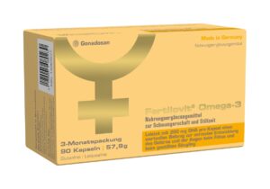 Die gelbe Box des Nahrungsergänzungsmittels FERTILOVIT OMEGA 3 KPS unterstützt Schwangerschaft und Stillzeit, enthält 90 glutenfreie Kapseln und wird in Deutschland von Gonadosan hergestellt.