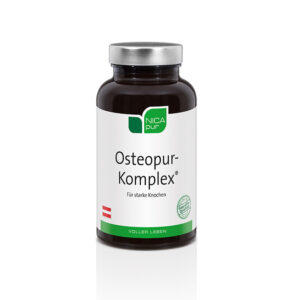 Eine braune Nahrungsergänzungsflasche mit silbernem Deckel und der Aufschrift „NICAPUR KPS OSTEOPUR-KOMPL“ trägt ein grünes Logo und den Text „Für starke Knochen“.