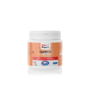 Weißer Behälter mit MSM OPTI PLV-ZEIN 400 g mit orangefarbenem Etikett auf schlichtem weißen Hintergrund.