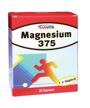 Schachtel mit SANVITA MAGN KPS 375 Kapseln, im Design mit einer bewegten Figur und dem Text „1 x täglich“. Inhalt: 30 Kapseln.