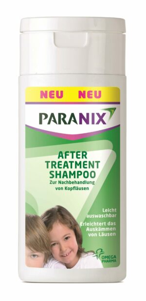 Eine weiße Flasche PARANIX AFTER TREATMENT SH. mit grün-violettem Etikett und Bildern von zwei Kindern.