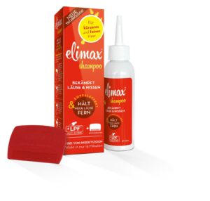 Das Elimax Anti Laus Shampoo-Set enthält eine Flasche und einen roten Kamm zur Bekämpfung von Läusen und Nissen. Die Verpackung in deutscher Sprache unterstreicht die Wirksamkeit und die insektizidfreie Formel.