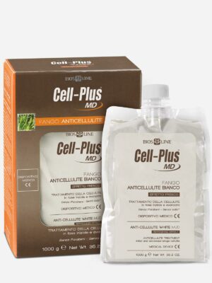 CELL-PLUS ALGENFANGO KUEHL Anti-Cellulite-Weißschlammpackung neben der Produktverpackung, gekennzeichnet für medizinische Verwendung, Größe 1000 g.