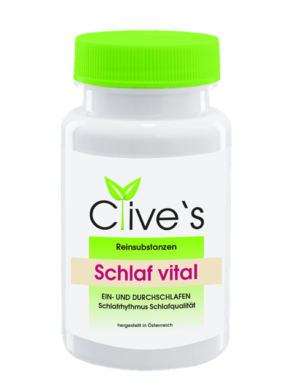 Eine weiße Flasche mit grünem Deckel und der Aufschrift „CLIVES KPS SCHLAF VITAL“ auf Deutsch soll den Schlafrhythmus und die Schlafqualität unterstützen.