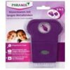 Die Verpackung des PARANIX LAUSKAMM 3IN1 Läusekamms weist einen violetten Griff mit deutschem Text und Bildern auf, die für die langen Metallzähne zur effizienten Entfernung werben.