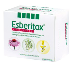 Schachtel ESBERITOX TBL-Tabletten mit Abbildungen von Sonnenhut, Lebensbaum und wildem Indigo zur Vorbeugung und Behandlung von Erkältungen. Enthält 200 Tabletten.
