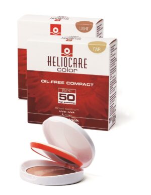 Ölfreies Kompakt-Make-up mit der Bezeichnung „HELOICARE SO COMP.M-UP 50 01“ mit LSF 50, erhältlich in den Farbtönen Light und Fair, abgebildet in geöffneter und geschlossener Verpackung.