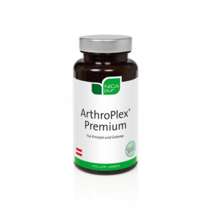 Eine Flasche NICAPUR KPS ARTHROPLEX PREM-Nahrungsergänzungsmittel für Knorpel und Gelenke mit einem weiß-grünen Etikett und einer silbernen Kappe.