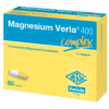 Die Verpackung von MAGN VERLA 400 COMPL KPS zeigt gelbe und weiße Kapseln mit einem Text, der Dosierung, Menge (60 Kapseln) und Marke (Kwizda Pharma) angibt.