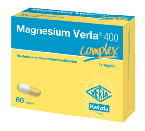 Die Verpackung von MAGN VERLA 400 COMPL KPS zeigt gelbe und weiße Kapseln mit einem Text, der Dosierung, Menge (60 Kapseln) und Marke (Kwizda Pharma) angibt.