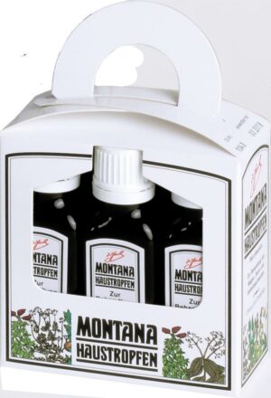 Karton mit sechs 20ml-Flaschen MONTANA HAUSTR und Pflanzenillustrationen auf der Verpackung.