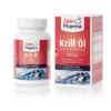 Eine Flasche und Schachtel KRILL-OEL KPS ZEIN 500 MG mit 60 Kapseln, mit Bergbildern und gesundheitsbezogenen Angaben in deutscher Sprache.