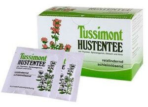Schachtel TUSSIMONT HU-TEE 1,8G mit zwei Beuteln mit Kräuterillustrationen zur Linderung von Husten.
