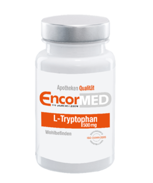 Eine weiße Flasche mit der Aufschrift „L-Tryptophan KPS 500 mg Encor“ in rotem und schwarzem Text und Qualitätsprüfzeichen.
