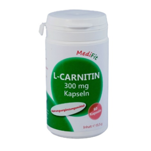 Auf einer weißen Flasche mit grünem Etikett steht „L-CARNITIN KPS 300MG MEDIFIT“. Sie enthält 60 Kapseln mit einem Gesamtgewicht von 35,5 g und ist oben mit „MediFit“ bedruckt.