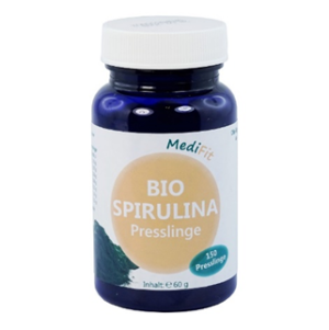 Eine dunkelblaue Flasche mit der Aufschrift „SPIRULINA BIO PRESSL.MEDIFIT“ enthält 150 Tabletten mit einem Gewicht von 60 g.