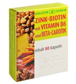 Eine Packung ZINK KPS BIOTIN enthält 80 Kapseln mit Vitamin B6 und Beta-Carotin. Auf der Verpackung sind Bilder von Weizen, Käse und Karotten zu sehen.