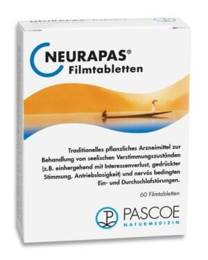 Packung mit NEURAPAS FTBL von Pascoe Naturmedizin zur Behandlung von psychischen Belastungen und Schlafstörungen, Inhalt: 60 Filmtabletten.