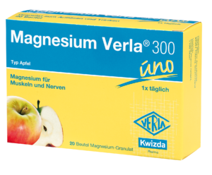 Das MAGN VERLA 300 UNO GRAN APF ist ein Magnesiumgranulat mit Apfelgeschmack in einer gelben Box mit Apfelabbildungen, das für Muskeln und Nerven entwickelt wurde. Es wird einmal täglich eingenommen, wobei jede Box 20 Beutel enthält.