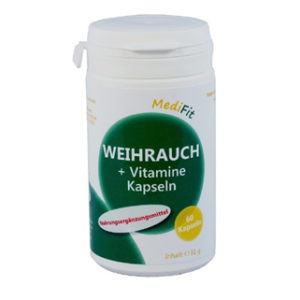 Eine weiße Flasche mit der Aufschrift „WEIHRAUCH KPS +VIT MEDIFIT“ enthält 60 Kapseln.