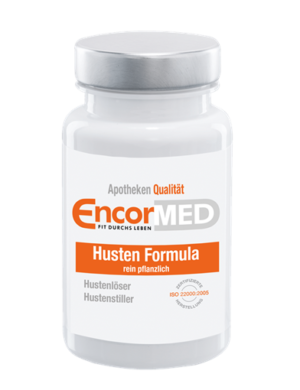 Eine Flasche ENCORMED KPS HU-FORMULA mit der Aufschrift „Apotheken Qualität“ und „rein pflanzlich“ zur Hustenlinderung, mit sichtbarer ISO 22000:2005-Zertifizierung.