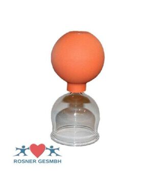 Ein durchsichtiger Glasbecher und ein Saugwerkzeug mit orangefarbenem Gummiball namens SAUGGLAS +BALL 4CM mit dem Logo von Rosner GesmbH darunter.