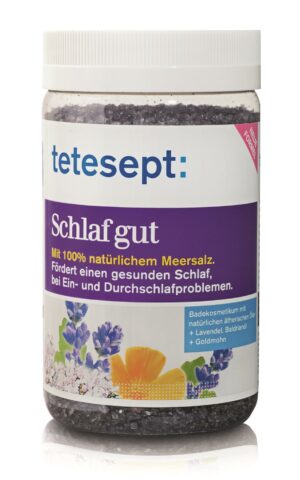 TETESEPT MEERSALZ SCHLAF DARM Badesalz fördert gesunden Schlaf mit Lavendel, Baldrian und Ringelblume.