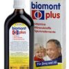 Flasche und Schachtel BIOMONT DR.FISCHER PLUS ELIX, enthält Vitamine und Mineralstoffe, mit der Verpackung, auf der ein lächelndes Kind und ein älterer Mann abgebildet sind, dem Text „Für Jung und Alt“ sowie dem Dr. Fischer-Branding.