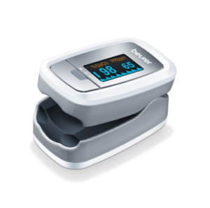 Das BEUR PO30 ist ein weißes und graues Pulsoximeter mit einer digitalen Anzeige für SpO2- und Pulsfrequenzwerte.