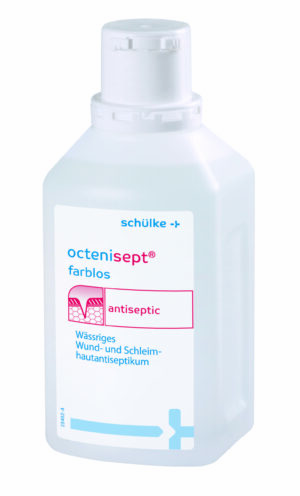 Kunststoffflasche OCTENISEPT LSG Antiseptikum zur Wund- und Schleimhautdesinfektion, abgebildet mit Produktkennzeichnung auf weißem Hintergrund.