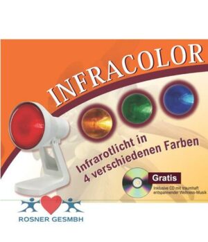 Werbebild für „INFRAROT LICHTCENTER ROS WL4“, das eine weiße Infrarotlampe mit rotem Licht und drei Farboptionen zeigt. Enthält ein „Gratis“-CD-Angebot. Das Rosner GesmbH-Logo ist unten abgebildet.