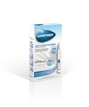 Eine Schachtel WARTNER WARZENSTIFT mit deutschen Produktdetails, auf der ein Bild des Warzenentfernungsstifts zu sehen ist.