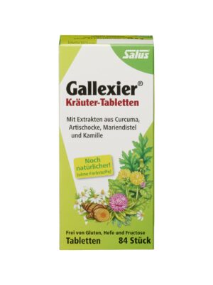 GALLEXIER KR.TBL SALUS Kräutertabletten mit Kurkuma, Artischocke und Kamille. Mit dem Label „Natur“ versehen und glutenfrei, hefefrei und fructosefrei. Enthält 84 Tabletten pro Packung.