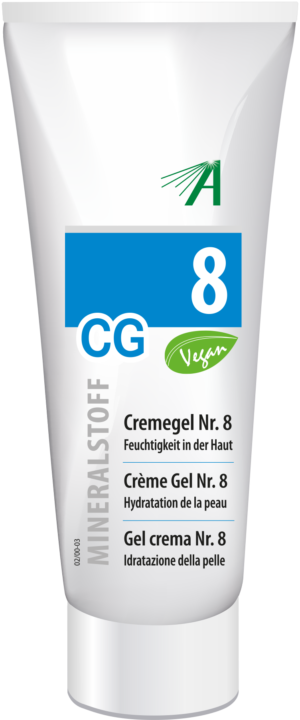 Die Tube SCHUESS CR GEL NR 8 ADL mit der Aufschrift „Vegan“ und Text in Deutsch, Französisch und Italienisch fördert die Hautfeuchtigkeit.