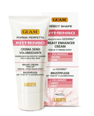 Tube und Schachtel GUAM INTHENSO BRUST CR PUSH; Text auf Italienisch, Englisch und Deutsch betont die volumengebende und festigende Wirkung.