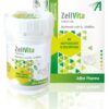 Die BIOCHEMIE SCHUESS ZELLVITA-Tabletten von Adler Pharma werden in einem Behälter mit reflektierender Oberfläche geliefert, der mit grünen und gelben geometrischen Mustern mit den Aufschriften „Vitalität“ und „Erschöpfung“ verziert ist.