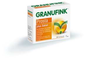 Packung mit GRANUFINK HARTKPS PROSTA+SAB Kapseln zur Unterstützung der Harnfunktion. Enthält 60 Kapseln mit Kürbiskernen, Sabal und Roggenpollen.