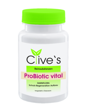Eine weiße Flasche mit grünem Deckel, aufgedruckt „PROBIOTIC CLIVES VITAL KPS“ mit deutschem Text zur Unterstützung der Darmflora.