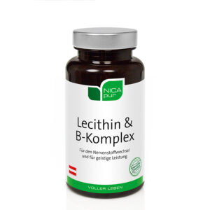 Eine braune Flasche mit der Aufschrift „NICAPUR KPS LECITHIN B-KOMPL“ verfügt über ein weiß-grünes Design, geschmückt mit einem grünen Zertifizierungssiegel und einem österreichischen Flaggensymbol.