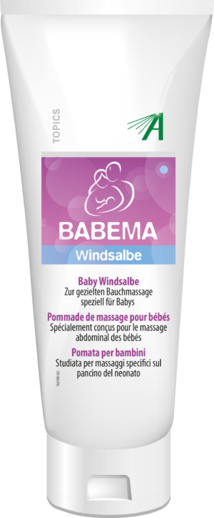 SCHUESS BABEMA WINDSLB ADL-Tube zur gezielten Baby-Bauchmassage, mit mehrsprachigem Beschriftungstext.