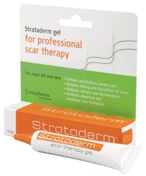 Die Tube und Verpackung von STRATADERM SILIKONGEL betonen seine Vorteile bei der Narbentherapie, wie etwa die Erweichung von Narben und die Verringerung von Verfärbungen.