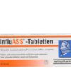 Die Packung INFLUASS TBL-Tabletten von ratiopharm enthält 10 Tabletten zur Linderung von Erkältungen und Grippe, deren Hauptbestandteile Acetylsalicylsäure und Paracetamol sind.
