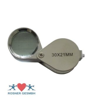 Eine faltbare Lupe mit der Gravur „30X21MM“ zeigt ein Herz- und Figurenlogo über dem Text „ROSNER GESMBH“. Produkt: LUPE JUWELIER GLAS 30X 21MM.