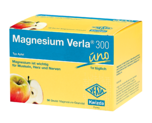 Die Packung MAGN VERLA 300 UNO GRAN APF mit Apfelgeschmack unterstreicht die Bedeutung für Muskeln, Herz und Nerven. Enthält 50 Päckchen.