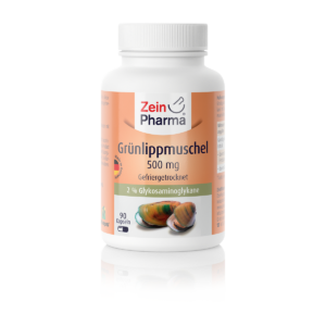 Eine zylindrische weiße Flasche mit der Aufschrift „GRUENLIPPMU.KPS ZEINPH.“ und einem Muschelbild enthält 90 Kapseln zu je 500 mg, mit 2 % Glykosaminoglykanen.
