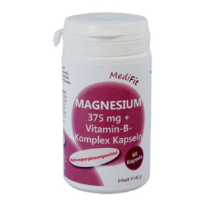Weiße Flasche mit der Aufschrift „MAGN KPS 375MG +VIT B-KOMPL“, enthält 60 Kapseln. Marke: MediFit.
