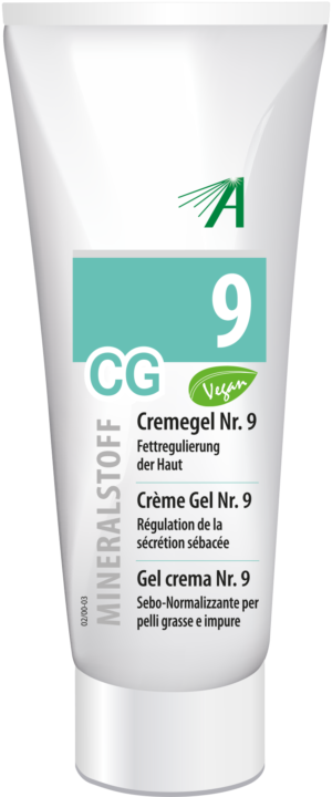 Grün-grau beschriftete SCHUESS CR GEL NR 9 ADL-Tube mit veganem Aufdruck, inklusive mehrsprachiger Gebrauchsanweisung für fettige und unreine Haut.