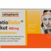 Packung mit Ratiodolor Ibuprofen FTBL 400 mg von Ratiopharm zur Linderung leichter bis mittelschwerer Schmerzen/Fieber, enthält 20 Tabletten und zeigt ein Bild von Kopfschmerzen.