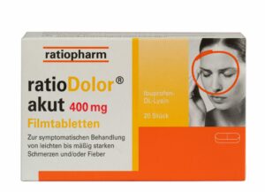 Packung mit Ratiodolor Ibuprofen FTBL 400 mg von Ratiopharm zur Linderung leichter bis mittelschwerer Schmerzen/Fieber, enthält 20 Tabletten und zeigt ein Bild von Kopfschmerzen.