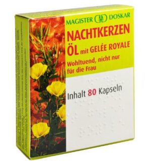 Eine gelbe Schachtel NACHTK OEL KPS +GELEE ROY zeigt links gelbe Blüten, enthält 80 Kapseln und hat einen deutschen Text.